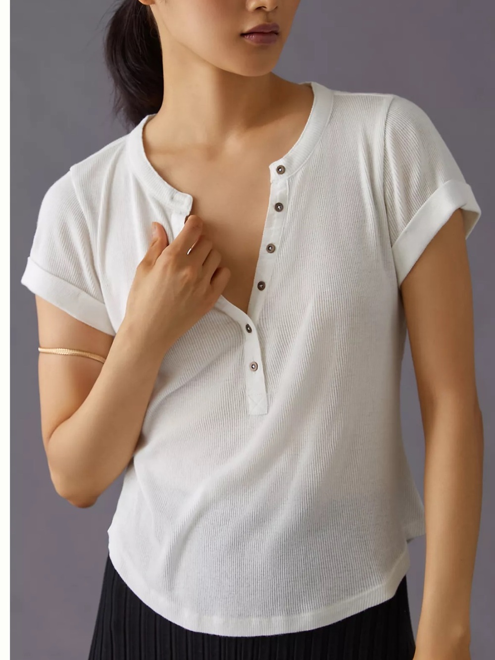 Pilcro Cream Short-Sleeve Ribbed Henley Tee NWT
